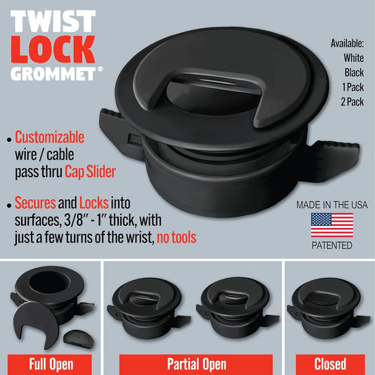 (1-Pack Black) Cable, Wire & Cord Management - Self Locking Grommet with Cover for Walls, Ceilings, Desks, Used for All Surfaces 3/8” to 1” Thick, Made in USA