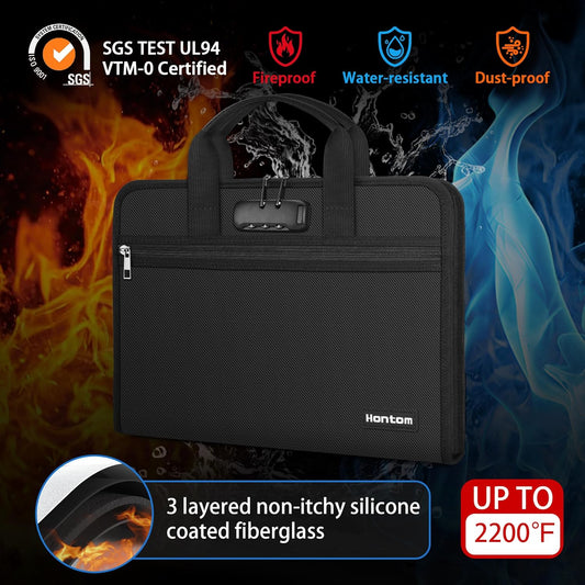 Hontom Fireproof Accordion File Organizer with Lock, 13 Pockets Expanding File Folder with Handle, Portable Business Document Organizer with Secure Storage for Letter A4 Files