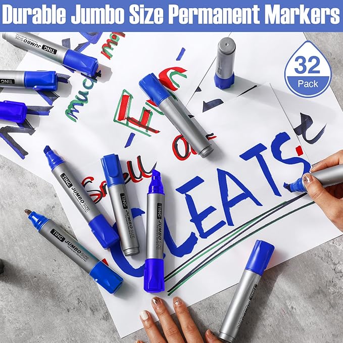 Fuutreo 32 Pcs Jumbo Permanent Markers Bulk Large Chisel Tip Permanent Markers Waterproof Jumbo Pens Quick Drying Office Teacher Supplies(Blue)