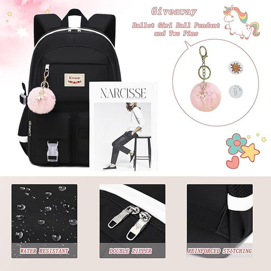 Girls Backpack,15.6 Inch Laptop School Bag Large Primary Elementary Middle College Bookbags Kids Backpacks for Teens Girls Women Students Anti Theft Travel Daypack (Black)