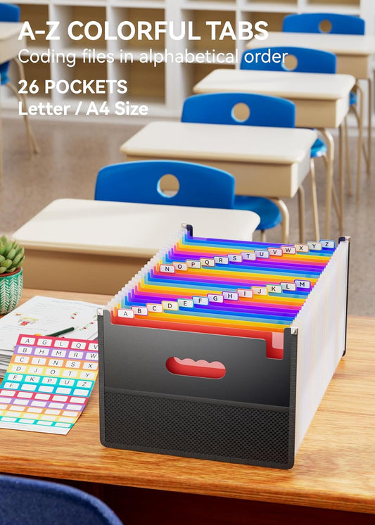 ABC life 26 Pockets Accordion File Organizer,Expanding Filing Box with Mesh Bag,Expandable A4/Letter Size Folder, Accordian Document Organizer,Portable Bill/Receipt Folders with A-Z Alphabetical Tabs