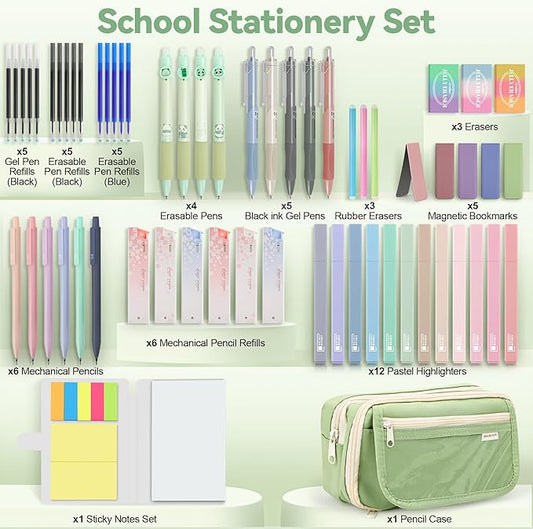 61 PCS Aesthetic School Supplies with Cute Pencil Case, Pastel Highlighters, Gel & Erasable Pens, Mechanical Pencils, Refills, Complete Essentials Stationery Kit for Students (Green)