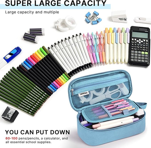 Large Pencil Case Pouch for Girls Boy Kids Children, Big Capacity Canvas Pencil Bag, Office College School Multi Compartment Zipper Stationery Pen Bag (Light Blue)