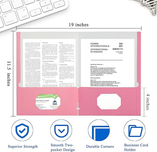 Zzrywuty File Folders with Pockets Letter Size, 50-Pack Paper Folders with Card Slot, Two Pocket Folders for School Students, Businessmen, Home and Office Workers(Pink)