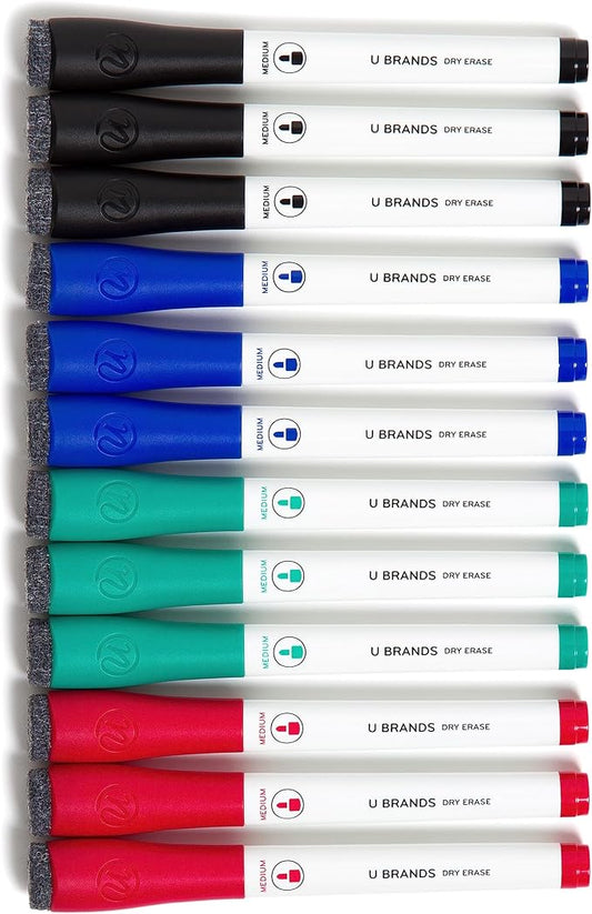 U Brands Fine Tip Dry Erase Markers with Eraser, Whiteboard Markers, Low Odor, Assorted Colors, Set of 12