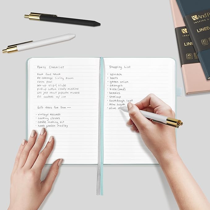 A5 Lined Leather Journal and Pen Set, Hardcover Notebook with Pen, 160 Pages 100gsm Thick Ruled Paper for Men Women, for Work, Business, School or Home Writing, 5.7'' x 8'' (Cyan-Set1)