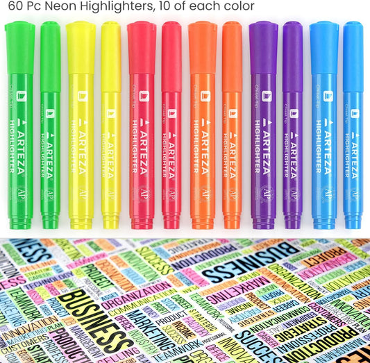 ARTEZA Highlighters Assorted Colors, Set of 60, Wide & Narrow Chisel Tip Pens