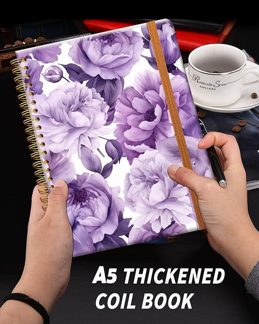 Ruled Spiral Writing Notebook,A5 Hardcover Lined College Journal for Women Lady Girl,Strong Twin-Wire Binding with Premium Paper,8.4" X 6",Perfect for School,Office,Home Gifts(purple floral)