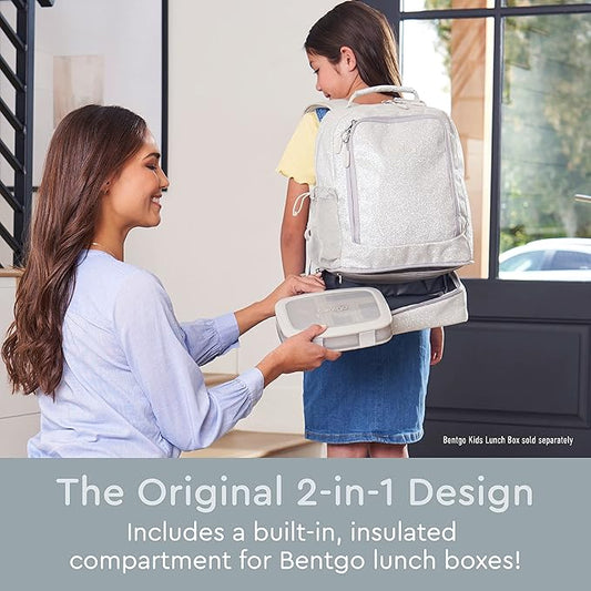 Bentgo Kids 2-in-1 Backpack & Insulated Lunch Bag - Glitter Designed 16” Backpack for School & Travel -, Durable, Water Resistant, Padded, & Large Compartments (Glitter Edition - Silver)