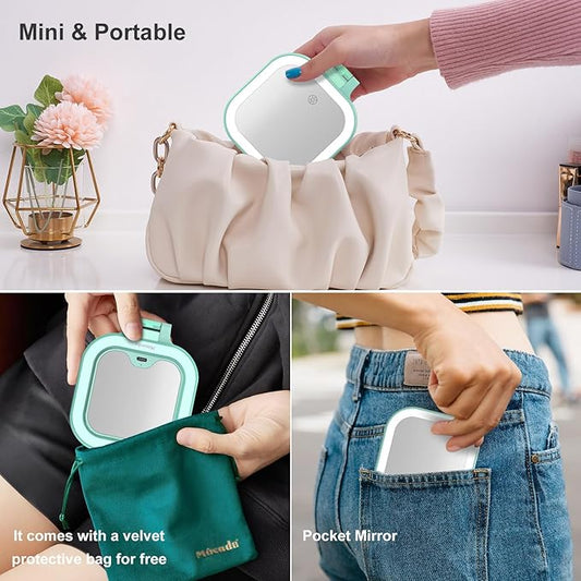 Mocado Compact Travel Makeup Mirror, 1X/30X Magnifying Mirror with Light, Double Sides Compact Mirror with 3 Color Light, Dimmable Handheld Mirror, Rechargeable Travel for Purse,Pocket(Green)