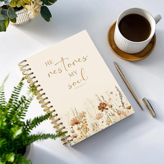 Bible Notebook, A5 Spiral Christian Journal, Bible Verse-He Restores My Soul, Inspirational Notebooks for Women, Bible Study, Gift for Birthday Christmas, Office Supplies (Light coffee color)