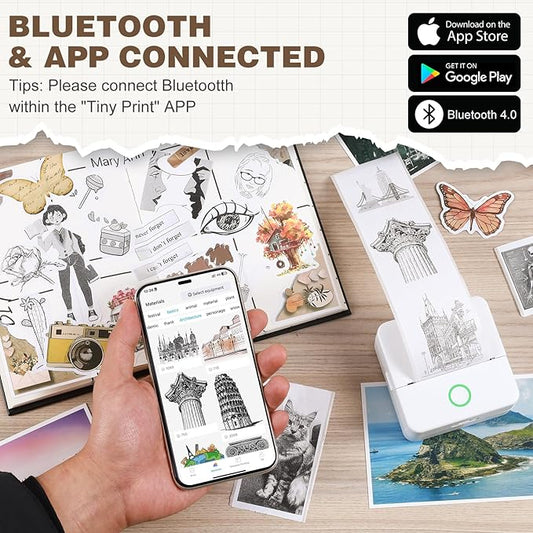 cudinham Print Pods Mini Printer, Thermal Inkless Sticker Maker with 3 Rolls Paper, Pocket Printpod for Phone, Impresora Portátil for Notes, Flashcards, Journal, DIY (Pure White)