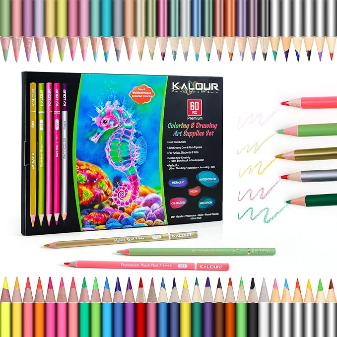 KALOUR 60 Art Drawing Set,5 Types of Colored Pencils Including Oil-Based, Metallic, Watercolor, Neon, Macaron Pastels.for Artists, Adults.Art Supplies for Sketching, Coloring & DIY Crafts
