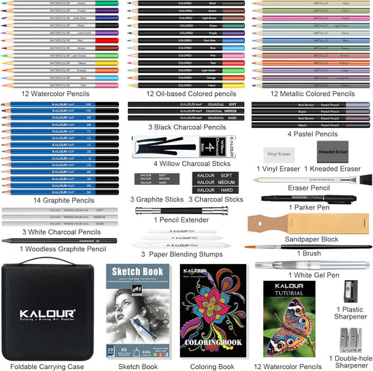 KALOUR 82 Pack Drawing Sketching Kit, Pro Art Supplies with Sketchbook, Include Tutorial,Colored, Graphite, Charcoal, Watercolor,Metallic & Pastel Pencils, Drawing Set for Adults Teens Beginner