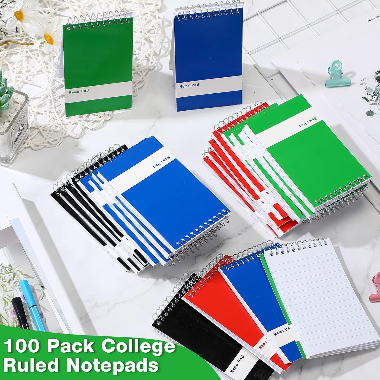 Thenshop 200 Pads Spiral Memo Bulk 3'' x 5'' Top Bound Memo Book 60 Sheets Small Mini Notebooks Lined Wire Bound Pocket Steno Book for Home, Office, School (Black,Green,Dark Blue,Red)