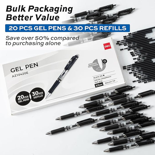 deli Gel Pens, 50 Pcs Retractable Pens Black Ink, 20 Pens with 30 Refills,Medium Point Pen Bulk 0.7mm, Smooth Writing, Fast Dry, No Bleed for Journaling Note Taking, Home School Office Supplies