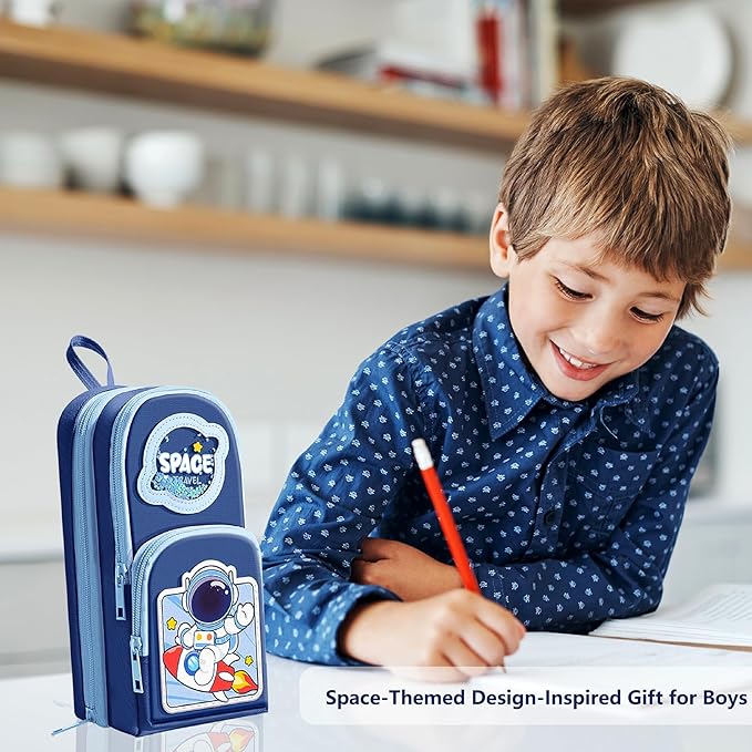 Blue Cute Pencil Case for Boys & Large Zippered Pen Pouch Organizer with Aesthetic Design Kids School Supplies canvas Marker Bag Travel Stationery Box back to School Gift for Boys (blue)