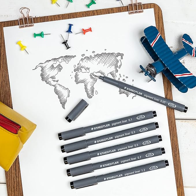 STAEDTLER Pigment Liner, Fineliner Pen for Drawing, Drafting, Journaling, 0.05mm, Black, Box of 5 Pens, 308 0059M