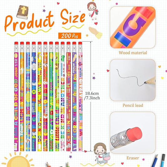 Cinrobiye 200 PCS Bible Pencils Bulk,Christian Gifts for Children Wood Pencils with Erasers Inspirational Religious Supplies for School Prizes Classroom Exchange Gift Party Favors,Stationary Gifts