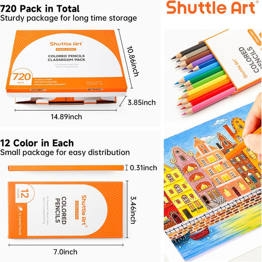 Shuttle Art 720 Colored Pencils Bulk, 12 Vibrant Colors, Pack of 60, Pre-sharpened Coloring Pencils, Wood Colored Pencil for Kids Teachers, Classroom Essentials, Back to School Supplies