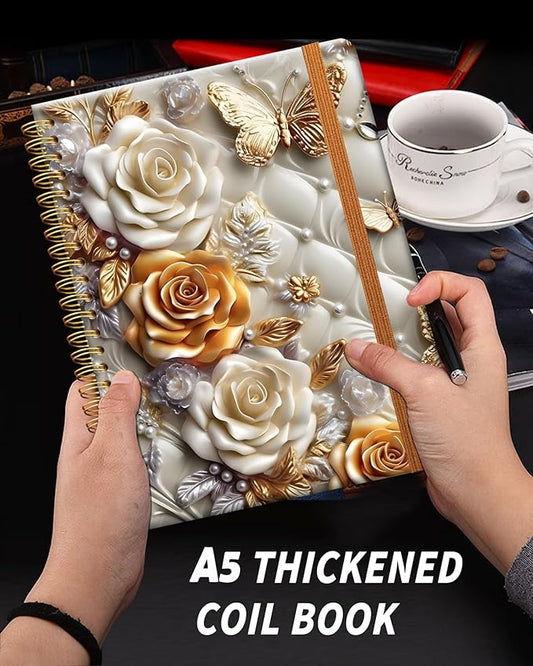 Ruled Spiral Writing Notebook,A5 Hardcover Lined College Journal for Women Lady Girl,Strong Twin-Wire Binding with Premium Paper,8.4" X 6",Perfect for School,Office,Home Gifts(diamond butterfly floral