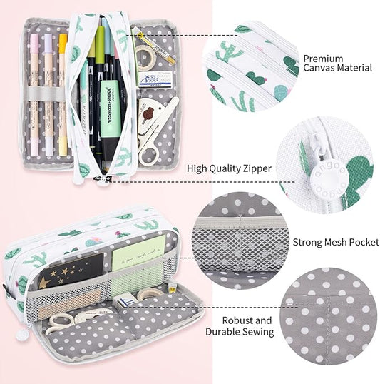ANGOOBABY Large Pencil Case Big Capacity 3 Compartments Canvas Pencil Pouch for Teen Boys Girls School Students (Green Cactus)