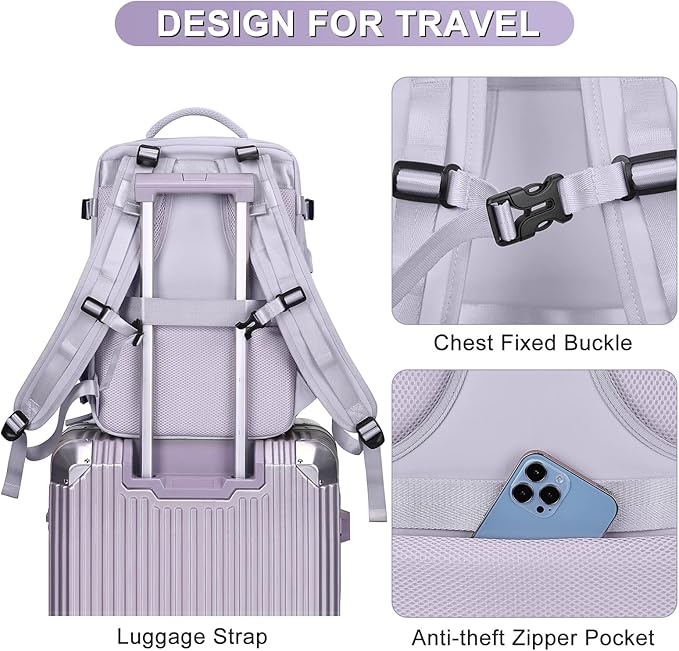 Large Carry On Backpack Flight Approved Personal Item Travel Backpack For Women Airline Approved Waterproof Sports Luggage Backpack Casual Daypack Small Hiking Backpack Purple Backpack