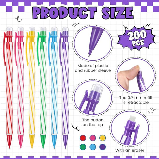 Colarr 200 Pcs Back to School 0. 7mm Mechanical Pencils with Eraser Bulk Colorful Cute Inkless Mechanical Pencils for Office Classroom School Student Writing Drawing Sketching(Stylish Style)