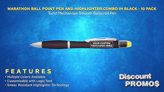 DISCOUNT PROMOS 10 Marathon Gel Highlighter Pens Pack - Customizable Text, Logo - Twist Mechanism, Ballpoint - Black