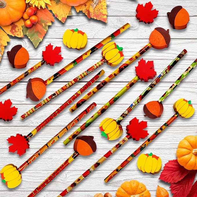 Fall Pencils Thanksgiving Pencil Halloween Pencils with Giant Maple Leaves Pumpkins Scarecrow Eraser Fall Stationery Pencil for Thanksgiving Party Favor(24)