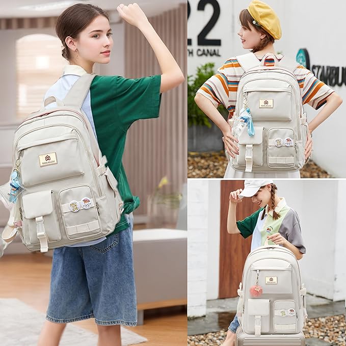 Girls Backpack,15.6 Inch Laptop School Bag Large Primary Elementary Middle College Bookbags Kids Backpacks for Teens Girls Women Students Anti Theft Travel Daypack (Off white)