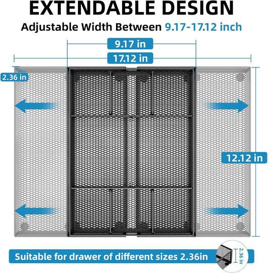 Marbrasse Expandable Desk Drawer Organizer, Mesh Drawer Organizer Tray with 10 Adjustable Compartments, Desk Organizers and Accessories, 5 Dividers Drawer for Office Supplies, Makeup & Vanity (Black)