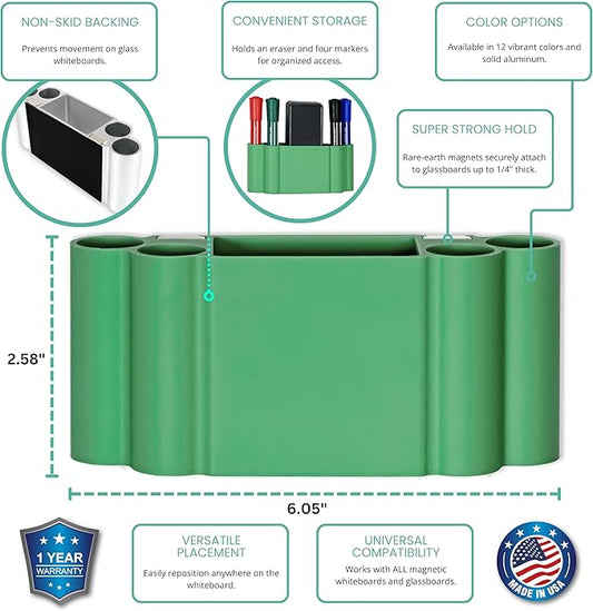 Glassboard Studio Magnetic Dry Erase Marker Holder - Super Strong for Magnetic Glass Whiteboard or Fridge - 2 Large Neodymium Magnets - No Slip Grip - Eco-Friendly PLA Plastic (Spring Green, KIT)