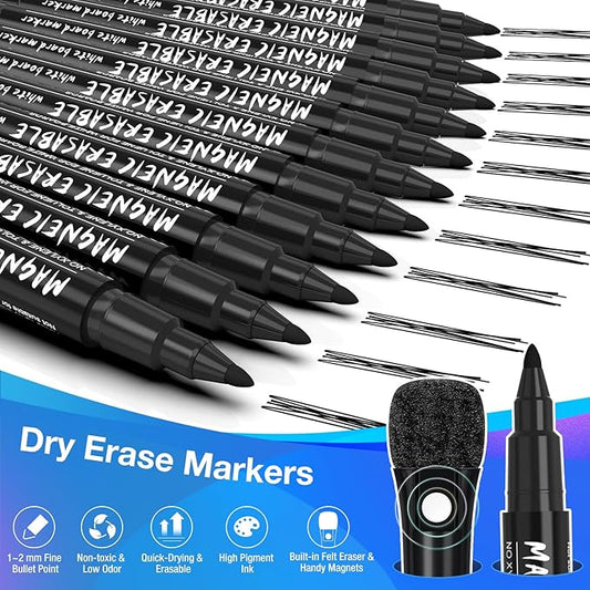 Magnetic Dry Erase Markers Fine Tip Black : 12 White Board Dry Erase Markers with Eraser Cap, Low Odor Erasable Fine Point Markers for Kids & Teachers, Home, Office and School Supplies
