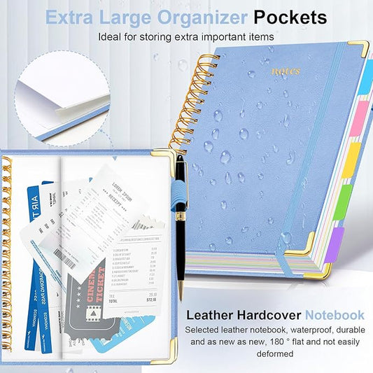 Hardcover Spiral Notebook 8"x10" Journal Notebook with Tabs and Removable Dividers 300 Pages 5 Subject Notebook College Ruled, Faux Leather Spiral Bound Notebook for Women, Students, School Work (Lake Blue)