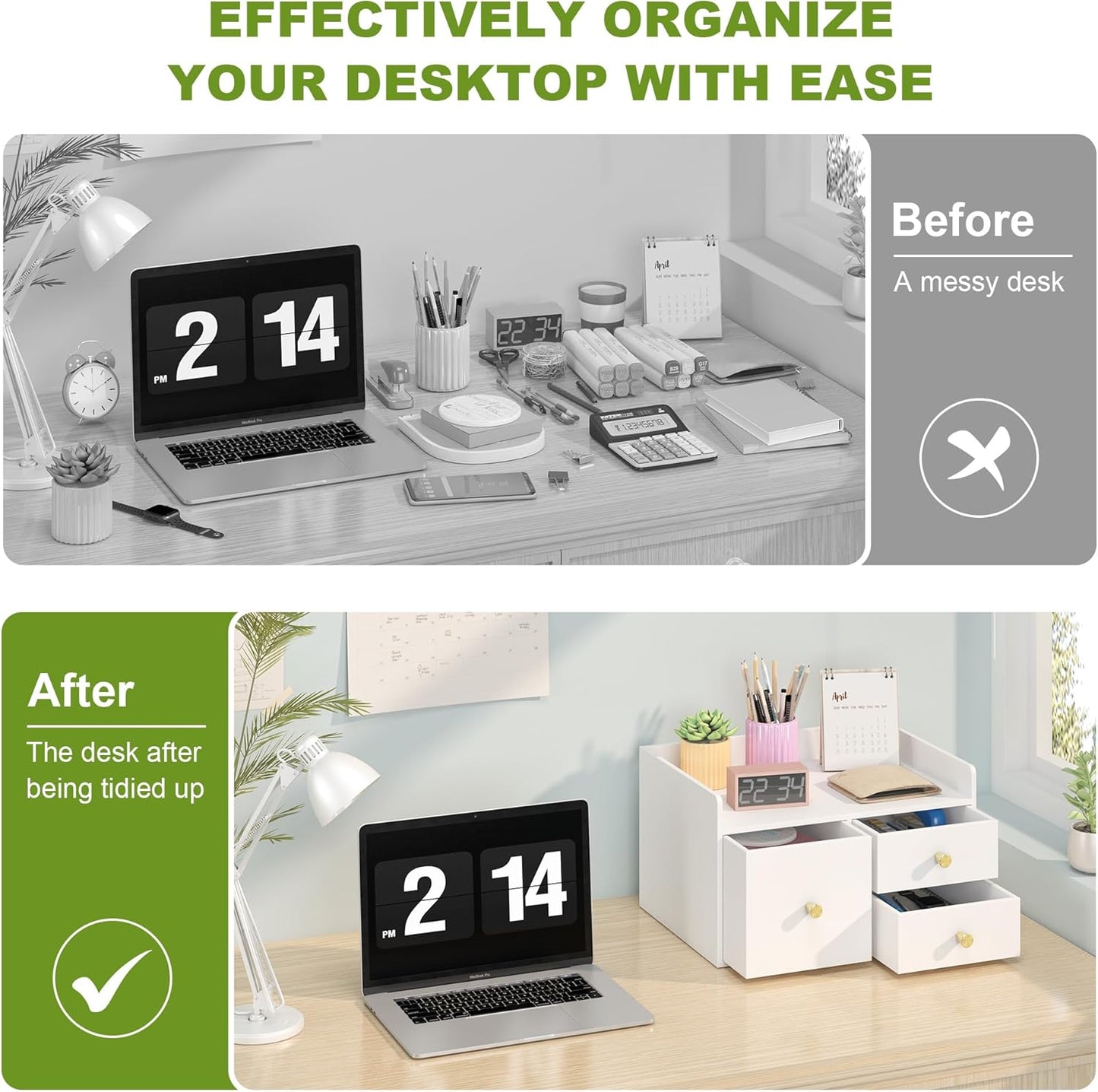 Bamboo Desk Organizer - Stackable, No Assembly Required, Ideal for Office/Home Use - Perfect for Toiletries, Stationery, Accessories. (White, Square drawer to the left of the fence)