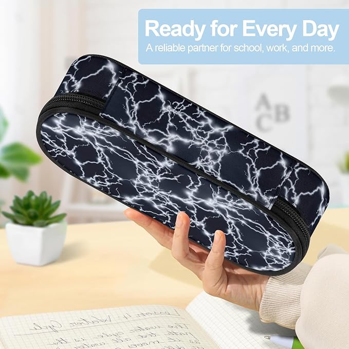 Lightning Large Pencil Case Big Capacity Black Pencil Pouch for Boys Girls Teen Women Men Adult, Portable Kids Pencil Bag with Zipper, Stationery Storage Pen Bag for School Supplies Office Organizer
