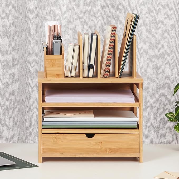 Homde Bamboo Desk Organizer with Drawer and File Holder, Office Organization for Desks with Adjustable Pen Holding, Desktop Letter Paper Tray Storage for Workplace Home School (Natural, L)