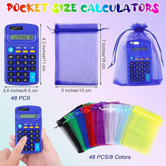Aodaer 48 Pieces Back to School Pocket Size Calculator with Drawstring Bags Back to School 8 Digit Display Basic Calculator Mini Calculator Bulk for School Students Desktop Home Office, 8 Colors