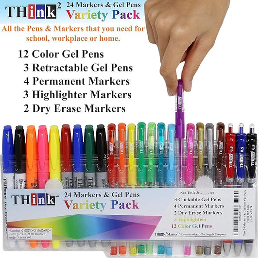 Think2 24 Pack School Supplies Kit. Includes 3 Highlighters, 4 Permanent Markers, 2 Dry Erase Markers, 12 Color Gel Pens and 3 Retractable Pens. Study Supplies