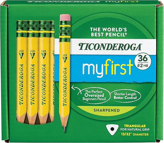 Ticonderoga My First Short Triangular Wood-Cased Pencils, 36 Count Golf Pencils, Pre-Sharpened, With Erasers, 72 Count
