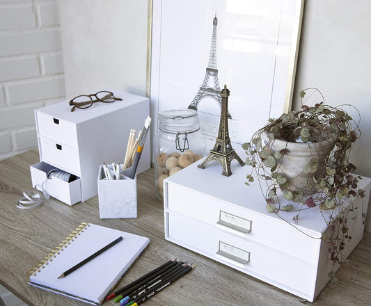 Bigso Box of Sweden Ingrid 3-Drawer Fiberboard Desk Organizer for Office Supplies and Accessories - Stackable Makeup Drawer Organizer - 6.3in x 9.9in x 8.1in - White