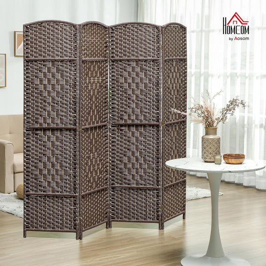 HOMCOM 4 Panel Room Divider, 6' Tall Folding Privacy Screen, Hand-Woven Freestanding Wall Partition for Home Office, Bedroom, Brown