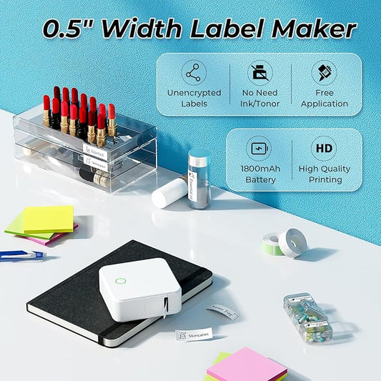 Label Maker Machine with Tape P0 Rechargeable Bluetooth Mini Label Printer Portable Small Thermal Labeling Machine Easy to Use for Home Office School Organization Battery Included White