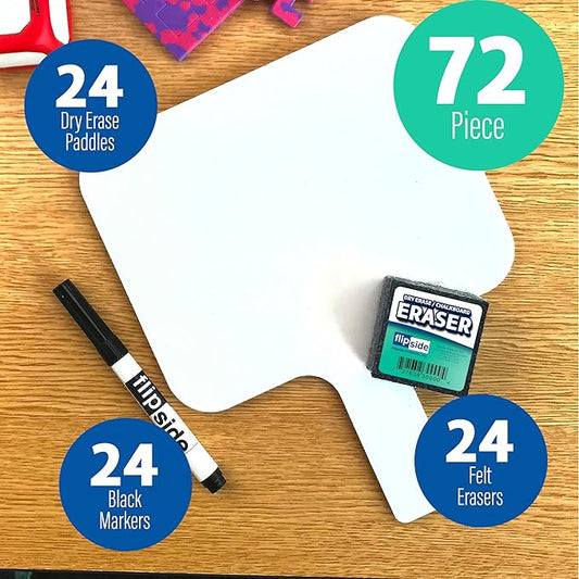 Flipside Products Rectangular Dry Erase Answer Paddles w/Black Dry Erase Marker and Erasers, Auction, Handheld Whiteboard, Handle Response Board, 72 Pieces, Set of 24