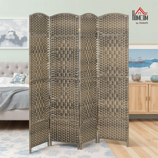 HOMCOM 4 Panel Room Divider, 6' Tall Folding Privacy Screen, Hand-Woven Freestanding Wall Partition for Home Office, Bedroom, Dark Rustic Oak