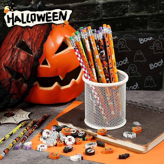 JULMELON 72PCS Halloween Party Favors Set,36PCS Halloween Pencils with 36PCS Ghost Pumpkin Skeleton Bat Spider Erasers, Wooden Pencils for Kids School Classroom Office Party Reward Supplies