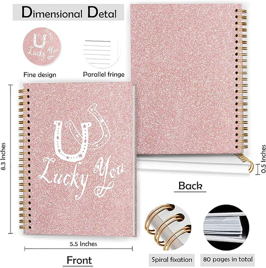 Lucky You Notebook, Preppy Aesthetic Journal, Preppy Pink Girly Cute Journals for Women, Sparkle Rose Gold Glitter Spiral Notebooks 5.5x8.3 Inch