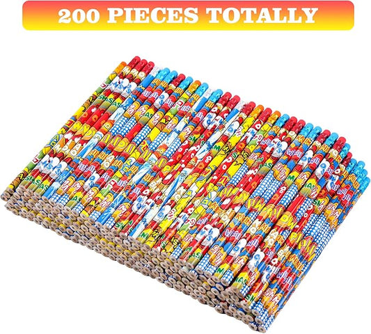 Kolewo4ever 200 Pieces Hero Text Pencils Cylinder Wood Pencils Pow Snap Wham Bang Elements Pencil 4 Style Assorted Kids Pencil for Classroom Rewards Carnival Prizes