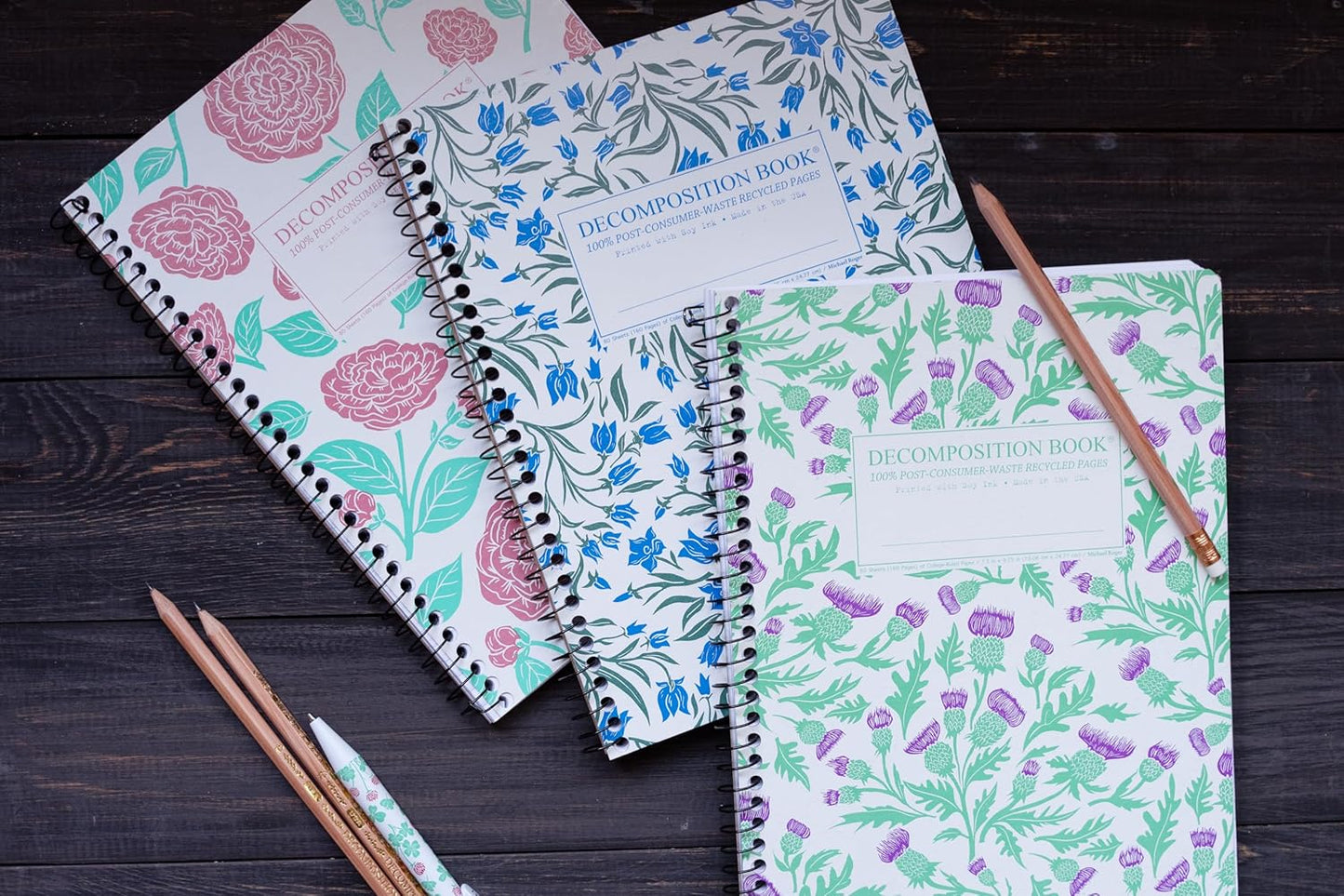 Decomposition 3-Pack Floral College Ruled Spiral Notebook - 9.75 x 7.5 Journal, 160 Lined Pages - 100% Recycled Paper - Notebooks for School Supplies, Home & Office - Made in USA